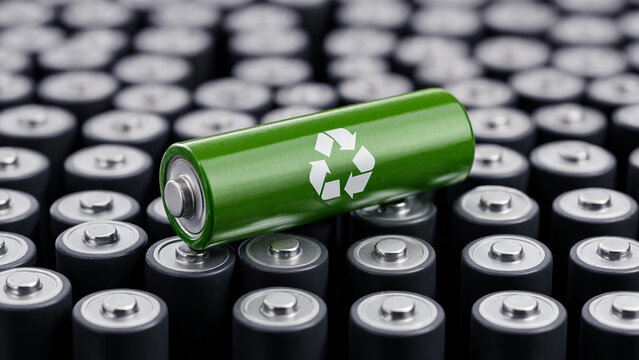 Lithium battery recycling concept on a green battery, sustainable energy transition, electric vehicle battery use, critical mineral recovery, low carbon energy solutions, modern energy storage