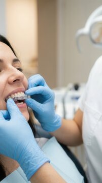 Patient Receiving Clear Aligners for a Radiant Smile and Perfect Dental Alignment in a Modern Clinical Environment