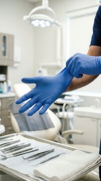 Dental professional donning protective nitrile gloves preparing sterile instruments within a clinical environment