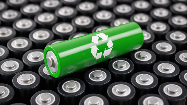 Green rechargeable battery with recycling arrows among alkaline cells, circular energy storage economy, lithium cobalt nickel recovery, electric vehicle power packs, low carbon manufacturing
