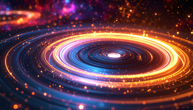 A stunning abstract vortex of glowing gold and blue neon light trails with sparkling bokeh particles. This futuristic cosmic energy portal evokes a deep sense of wonder. No people.