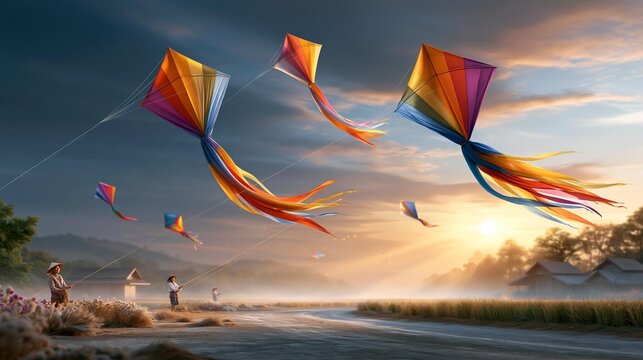 AI generator images of Kite flying&mdash;a fun traditional Thai pastime&mdash;has become less common in modern times. traditional Thai Chula and Pakpao kite competition, giant colorful kites soaring high above 