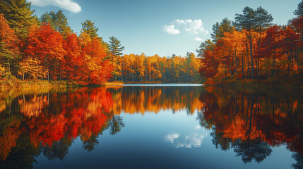 Breathtaking autumn landscape with vibrant red and orange trees reflecting calm lake blue sky © THUA