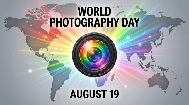 Colorful camera lens graphic design celebrating world photography day on august 19 with a world map background for global creative media