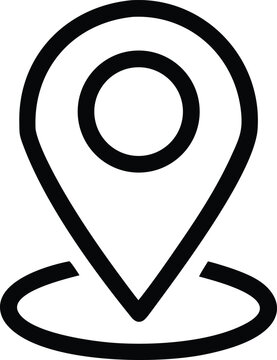 Simple black and white line map pin with a circular center and an oval base, representing location or navigation on white