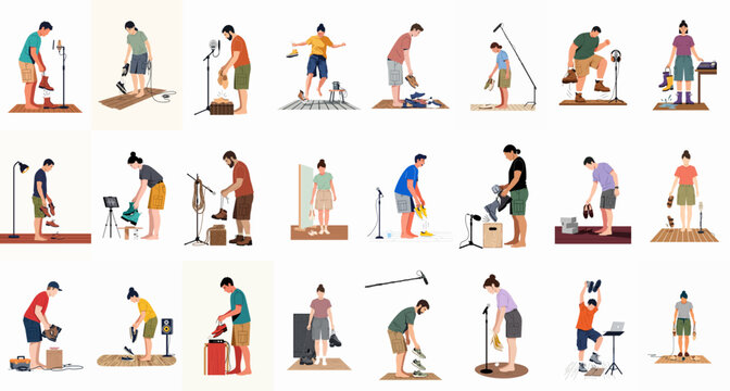 Collection of flat vector illustrations showing Foley artists recording various shoe sound effects for film and audio production in different studio settings.