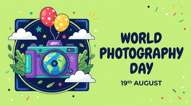Colorful illustration celebrating world photography day with a vintage camera design balloons and clouds on a light green background banner