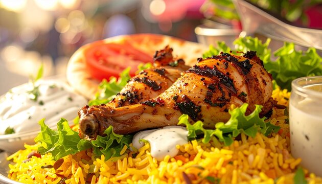 Authentic halal chicken over rice from a classic New York street food cart, juicy grilled chicken with light char marks, fluffy seasoned yellow rice, crisp lettuce