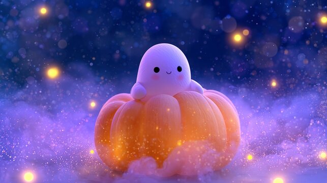 Whimsical 3D illustration of tiny, friendly ghost peeking out from giant, glowing orange pumpkin positioned in enchanted garden clearing