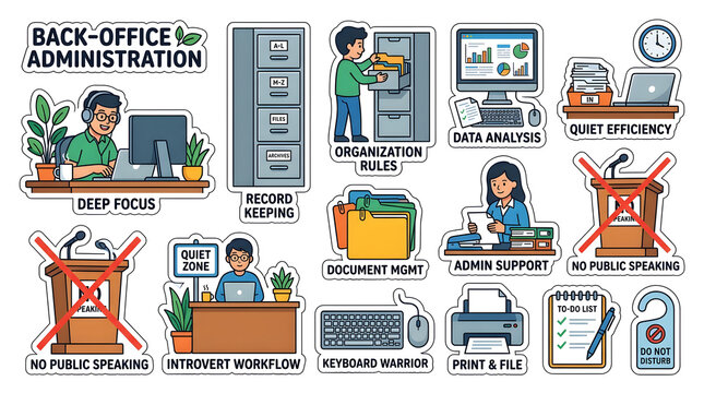 Back-Office Administration Workflow: A collection of illustrated stickers depicting essential back-office tasks like deep focus, record keeping, organization rules, data analysis, quiet efficiency.