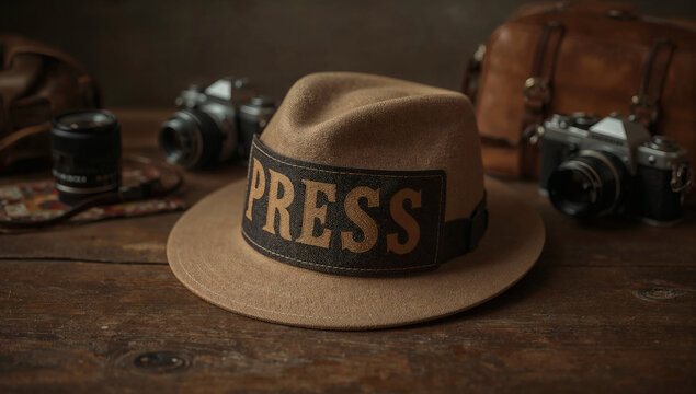 vintage fedora hat with bold press label on wooden desk retro photography equipment nostalgic journalist style old cameras and lenses golden textured font warm earthy background soft natural light ele