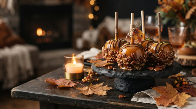 Delicious homemade caramel apples decorated with chocolate drizzle on a rustic wooden table for a cozy autumn celebration