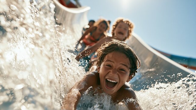 Group of joyful kids sliding down a water slide at a modern outdoor waterpark. Summer vacation and water games concept