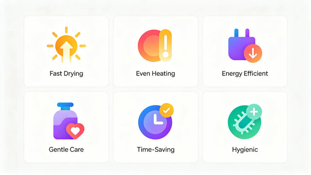 Fabric care lightweight icon, with fast drying, constant temperature heat conduction, energy-saving and flexible protection, suitable for cross-border details page of household drying machines.
