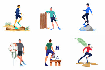 Vector Illustration Set of Men in Wetsuits and Flippers Engaged in Various Beach, Lifeguarding, and Water Sport Activities © Salim