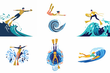 Set of Stylized Flat Illustrations Featuring People Surfing and Bodyboarding on Ocean Waves © Salim