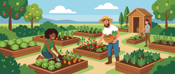 Naklejka premium Two People Gardening Together In Community Garden Outdoors.