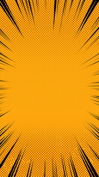 Dynamic manga explosion with radial speed lines and comic burst effects. Vibrant cartoon background featuring abstract energy patterns and light rays in bold colors