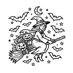 Fototapeta premium a_witch_flying_on_a_broom_with_pumpkins__bats__and_stars__halloween_night_