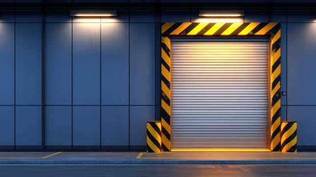 A modern loading dock with a striped caution framework and illuminated shutter door
