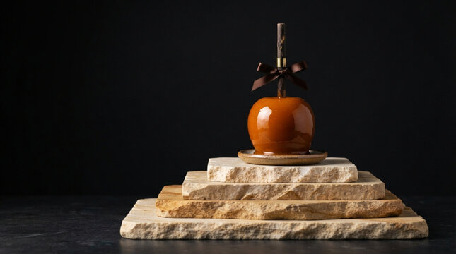 A single shiny caramel apple with a stick sitting on stacked stone slabs against a dark background