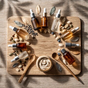 Natural skincare oils and cream arranged with seeds and wooden spoons on rustic board