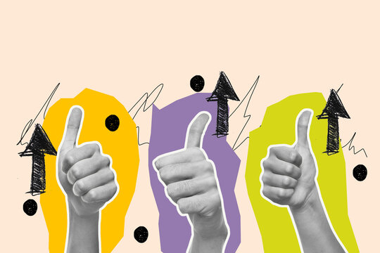 Collage de manos con el pulgar hacia arriba con fondo de colores y sobre un fondo beige. Vista de frente y de cerca. Copy space