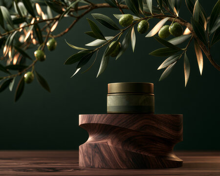 Luxury olive skincare cream jar displayed on sculpted wooden podium with botanical branches