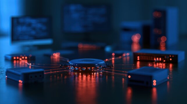 A futuristic network hub with glowing red connections linking multiple devices on a dark surface in a high-tech environment.