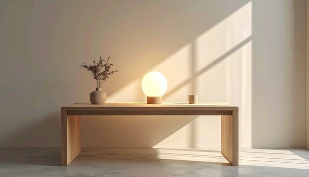 A minimalist wooden console table is adorned with a glowing orb lamp and a delicate vase, bathed in warm afternoon window shadows. Nobody. Creates a serene, cozy home atmosphere.
