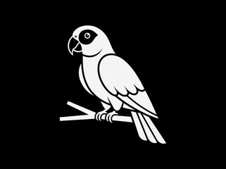 Fototapeta premium Stylized monochrome illustration of a parrot, an exotic bird with a watchful eye, perched on a branch, perfect for tropical themes and wildlife designs