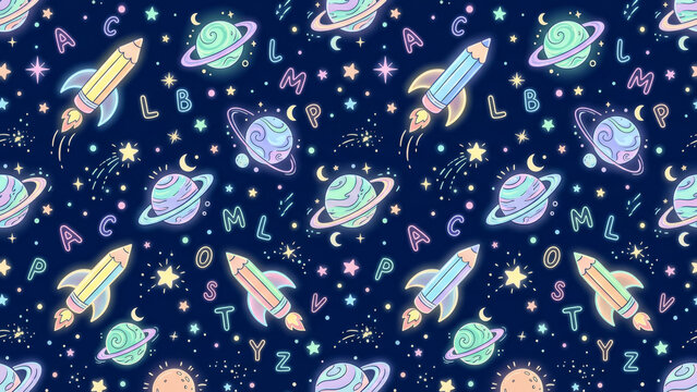 Colorful vector illustration of rockets planets moons and stars on a dark blue background astronomy celestial