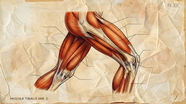Anatomical illustration of the human tibialis anterior muscle with detailed muscle fibers and tendons