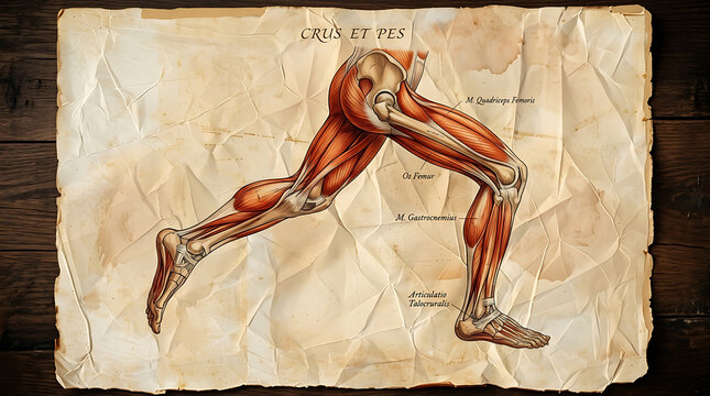 Anatomical illustration of human legs and feet muscles in downward dog yoga pose on vintage parchment