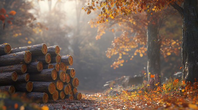 Charming autumn scene with freshly cut logs stacked near colorful fall trees in soft light