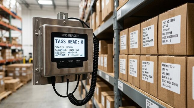 RFID reader display showing a blank tag scan tally beside a labeled shelf bin