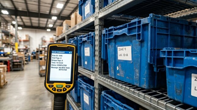 RFID reader screen showing a blank tag scan summary beside a shelf of totes
