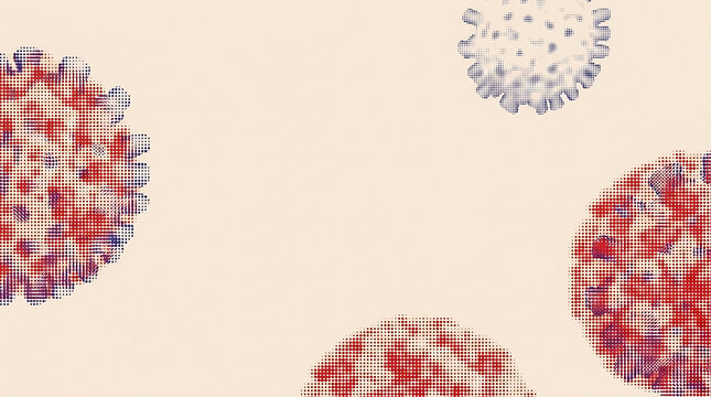 Colorful pixelated virus particles illustration with abstract shapes