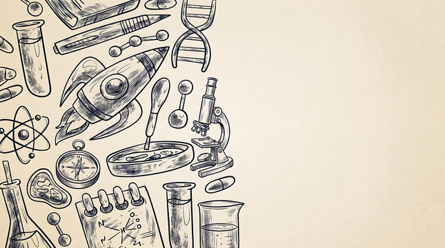Vintage style science and exploration illustration with microscope, compass, test tubes, rocket, and dna