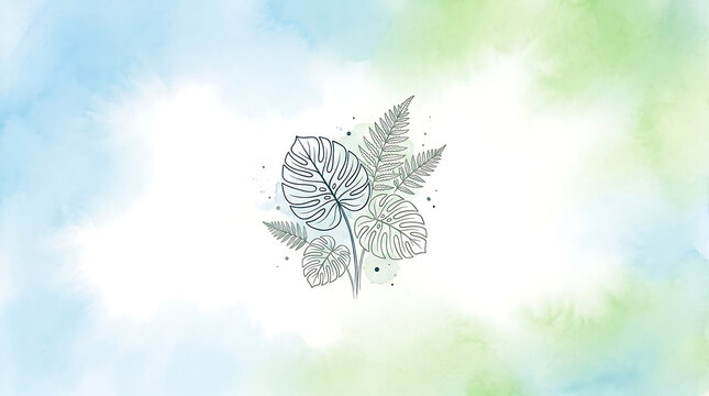 Watercolor style tropical leaf illustration with delicate fern on soft pastel background