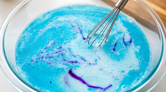 Teal blue liquid mixture being whisked in a round bowl with a wire whisk