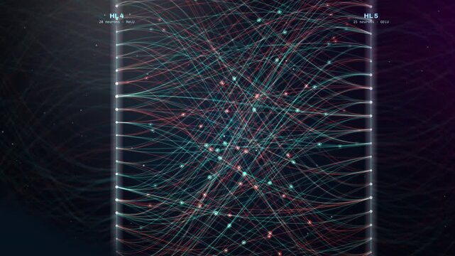 Artificial neural network connections pulse between hidden layers in a dark digital interface, creating a cinematic AI visualization for business marketing and tech presentations.
