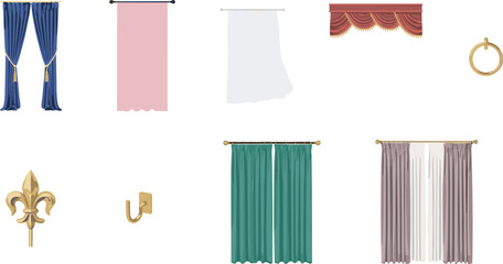 Elegant window curtains and interior decor vector element set with drapes valance tieback hook and fleur de lis © Sujon Shah