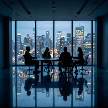 Silhouettes of business people having a professional meeting in a modern office overlooking a glowing city skyline