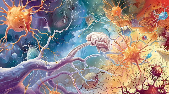 Abstract brain neuron network with colorful background and ghostly face illustration