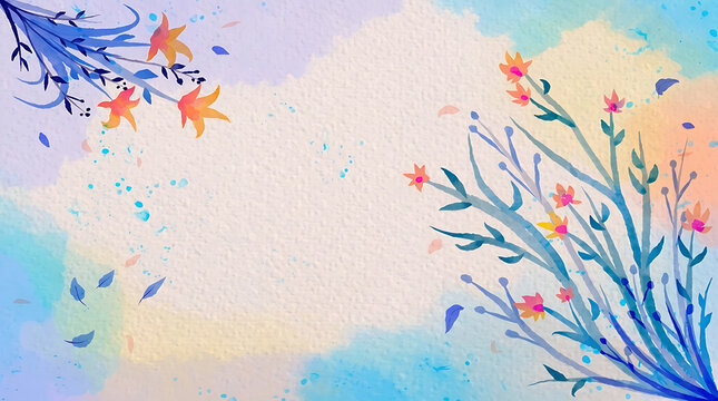 Watercolor flowers and leaves with soft pastel background and floating butterflies