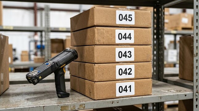 Warehouse label reader captured beside a stack of counted boxes on a shelf