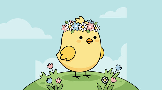 Cute yellow chick wearing a floral crown standing on a grassy hill.