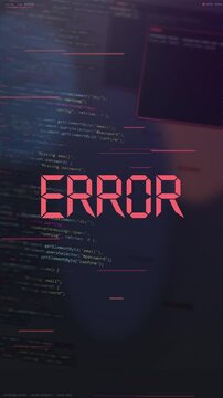 Programming code scrolls behind a bold error alert in a vertical debugging interface, creating a dramatic cinematic visual for social media, marketing, and software promos