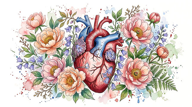 Colorful heart illustration surrounded by roses and flowers in a botanical style